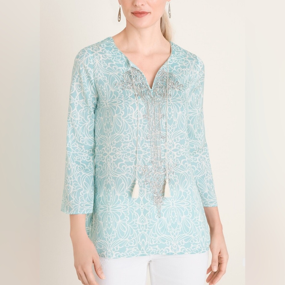 Chico’s Embellished Mirrored Scroll-Print Blouse